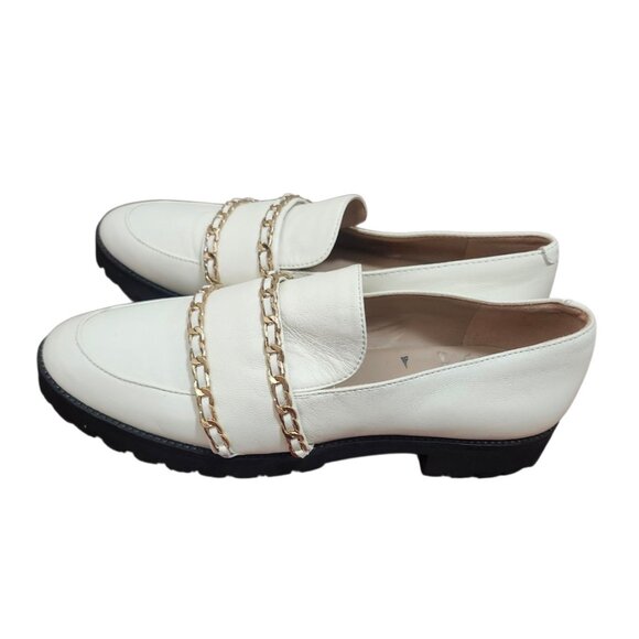 Karl Lagerfeld Paris Womens Loafers 8/38.5B Cream Leather Gold Chain Trim Chunky - Picture 6 of 11